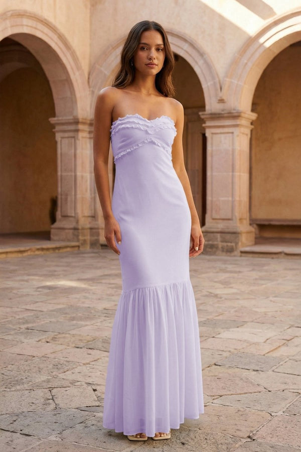 Yellow Strapless Sheath Chiffon Long Prom Dresses With Ruffles – Prom Dress by KissProm | Available at KissProm