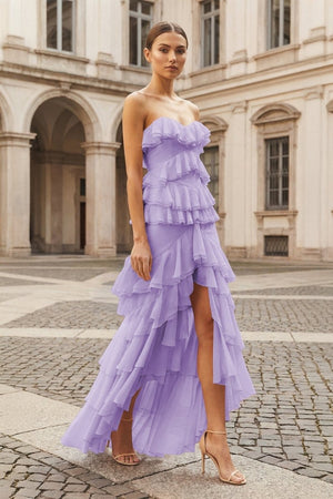 Pink Strapless Sheath Chiffon Ruffled Long Prom Dresses – Prom Dress by KissProm | Available at KissProm