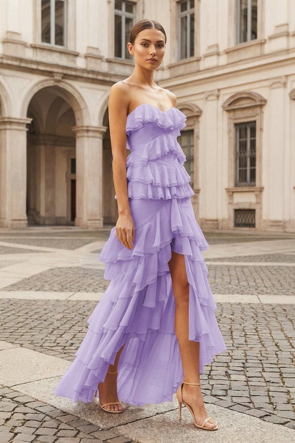 Pink Strapless Sheath Chiffon Ruffled Long Prom Dresses – Prom Dress by KissProm | Available at KissProm
