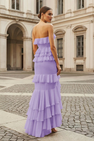 Pink Strapless Sheath Chiffon Ruffled Long Prom Dresses – Prom Dress by KissProm | Available at KissProm
