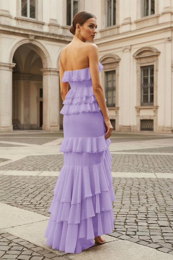 Pink Strapless Sheath Chiffon Ruffled Long Prom Dresses – Prom Dress by KissProm | Available at KissProm