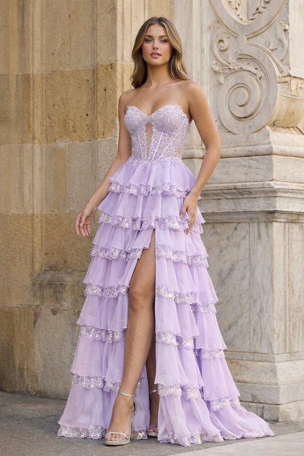 Sky Blue Sweetheart A Line Sequined Lace Ruffled Long Prom Dresses With Appliques – Prom Dress by KissProm | Available at KissProm