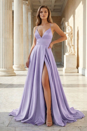 Pink Spaghetti Straps Satin Backless A Line Prom Dress With Pockets - KissProm