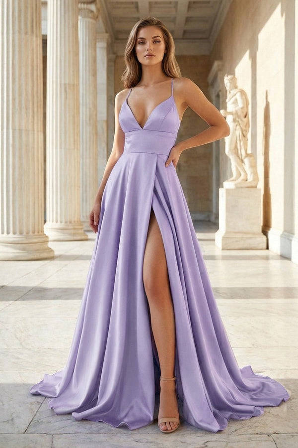 Pink Spaghetti Straps Satin Backless A Line Prom Dress With Pockets - KissProm