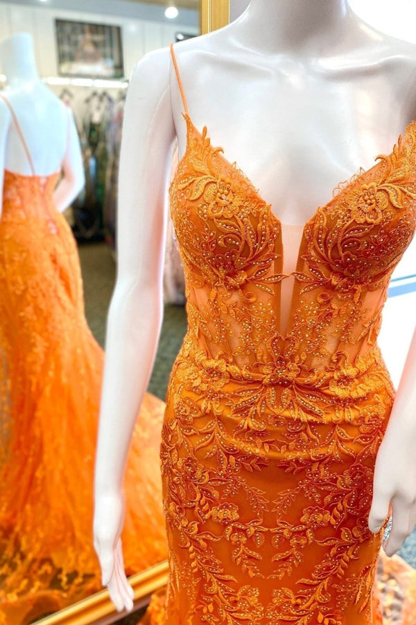 Lesha | Orange Lace Spaghetti Straps Mermaid Long Formal Dress -KissProm