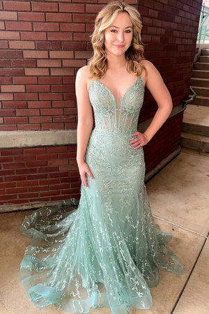 Lesha | Sage Lace Spaghetti Straps Mermaid Long Formal Dress -KissProm