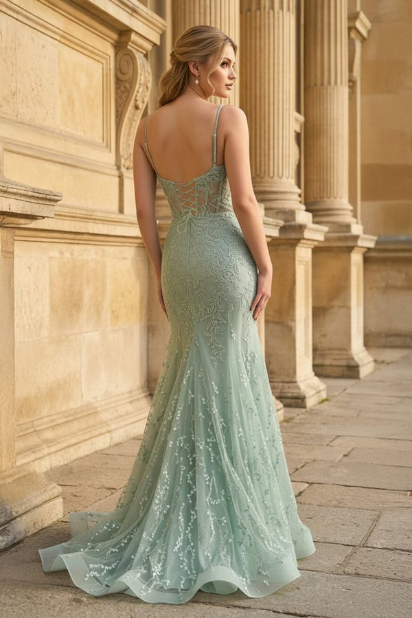 Orange Lace Spaghetti Straps Mermaid Long Formal Dress - KissProm