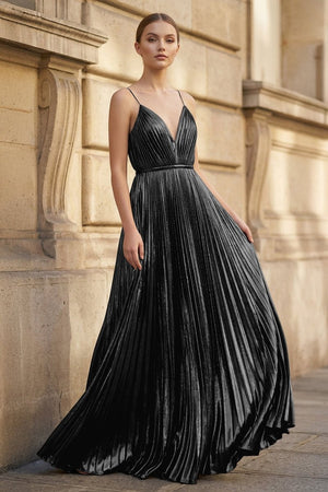 Gold A - Line Spaghetti Straps V - Neck Metallic Long Prom Dress - KissProm