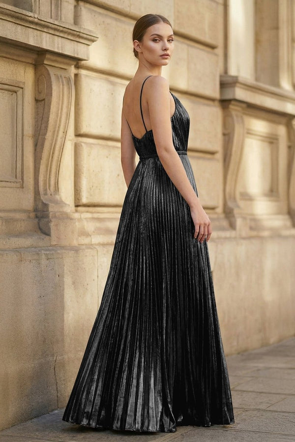 Gold A - Line Spaghetti Straps V - Neck Metallic Long Prom Dress - KissProm