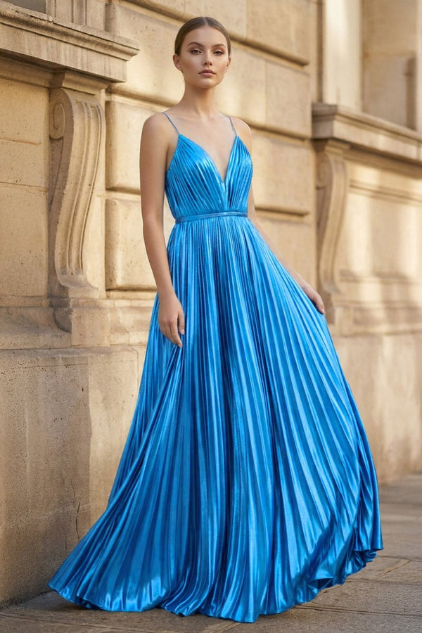 Gold A - Line Spaghetti Straps V - Neck Metallic Long Prom Dress - KissProm