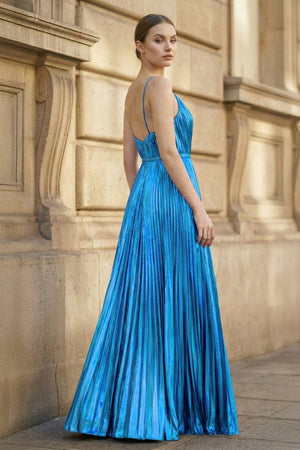 Gold A - Line Spaghetti Straps V - Neck Metallic Long Prom Dress - KissProm
