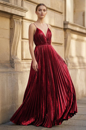 Gold A - Line Spaghetti Straps V - Neck Metallic Long Prom Dress - KissProm
