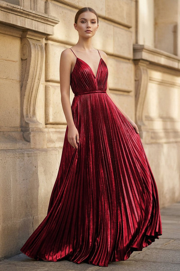 Gold A - Line Spaghetti Straps V - Neck Metallic Long Prom Dress - KissProm