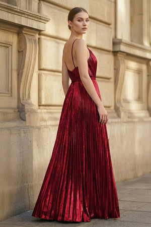 Gold A - Line Spaghetti Straps V - Neck Metallic Long Prom Dress - KissProm