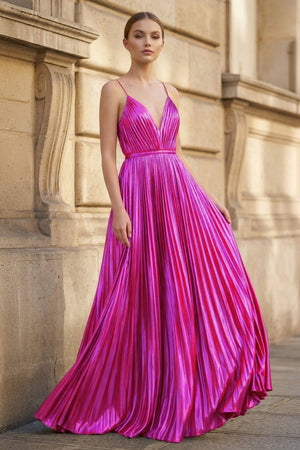 Gold A - Line Spaghetti Straps V - Neck Metallic Long Prom Dress - KissProm