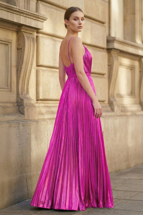 Gold A - Line Spaghetti Straps V - Neck Metallic Long Prom Dress - KissProm