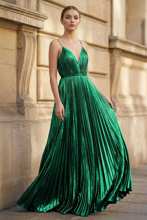 Gold A - Line Spaghetti Straps V - Neck Metallic Long Prom Dress - KissProm