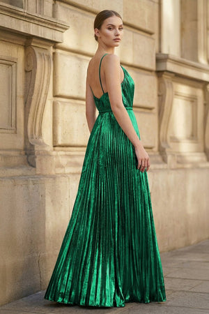 Gold A - Line Spaghetti Straps V - Neck Metallic Long Prom Dress - KissProm