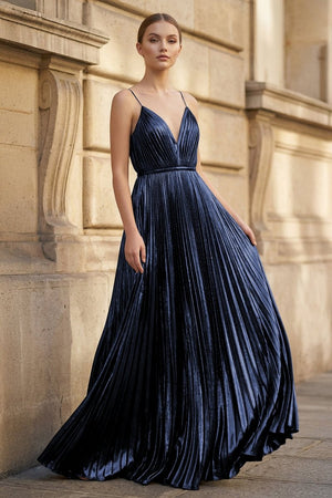 Gold A - Line Spaghetti Straps V - Neck Metallic Long Prom Dress - KissProm