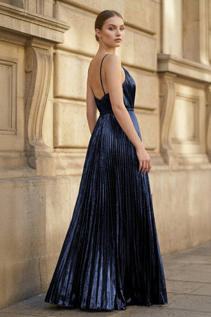 Gold A - Line Spaghetti Straps V - Neck Metallic Long Prom Dress - KissProm