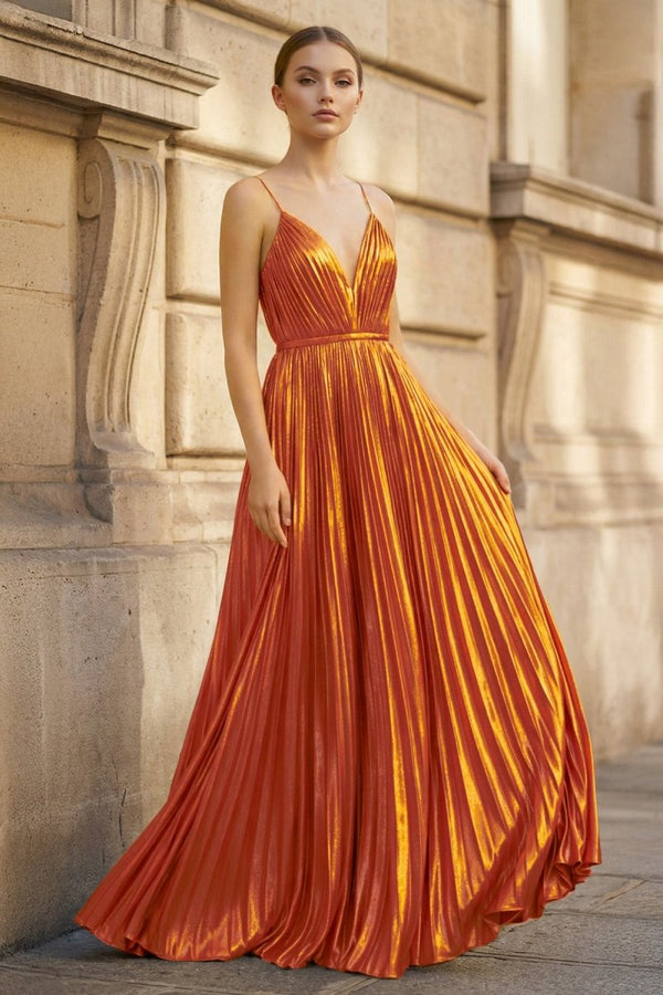 Gold A - Line Spaghetti Straps V - Neck Metallic Long Prom Dress - KissProm