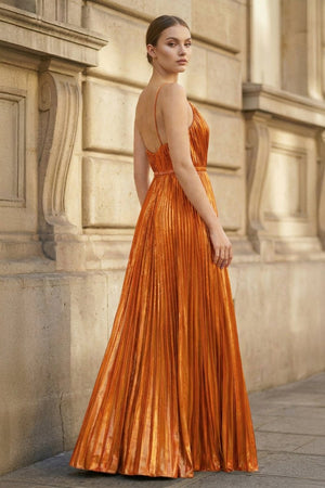 Gold A - Line Spaghetti Straps V - Neck Metallic Long Prom Dress - KissProm
