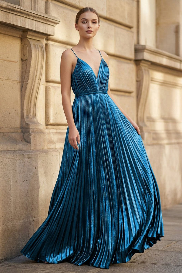 Gold A - Line Spaghetti Straps V - Neck Metallic Long Prom Dress - KissProm