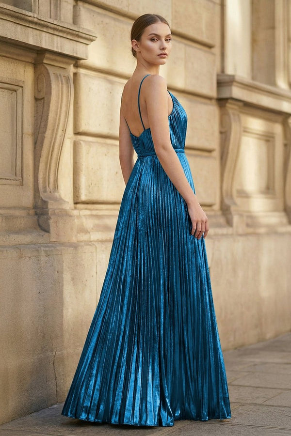 Gold A - Line Spaghetti Straps V - Neck Metallic Long Prom Dress - KissProm
