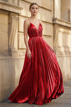 Gold A - Line Spaghetti Straps V - Neck Metallic Long Prom Dress - KissProm
