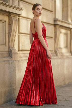 Gold A - Line Spaghetti Straps V - Neck Metallic Long Prom Dress - KissProm