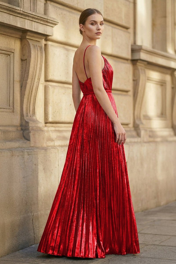 Gold A - Line Spaghetti Straps V - Neck Metallic Long Prom Dress - KissProm