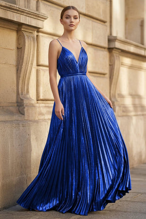 Gold A - Line Spaghetti Straps V - Neck Metallic Long Prom Dress - KissProm