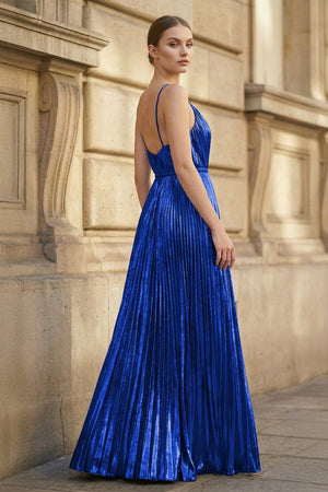 Gold A - Line Spaghetti Straps V - Neck Metallic Long Prom Dress - KissProm