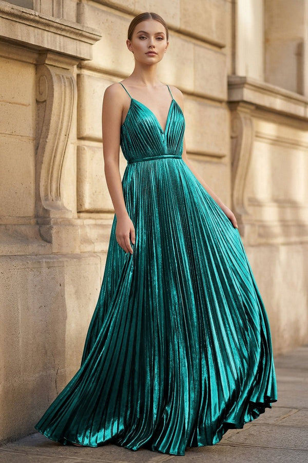 Gold A - Line Spaghetti Straps V - Neck Metallic Long Prom Dress - KissProm