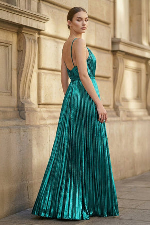 Gold A - Line Spaghetti Straps V - Neck Metallic Long Prom Dress - KissProm