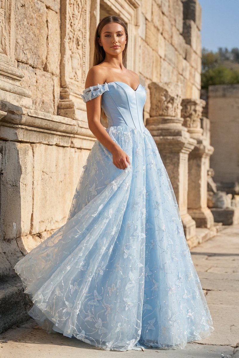 A Line Off the Shoulder Satin Lace Prom Dress - KissProm