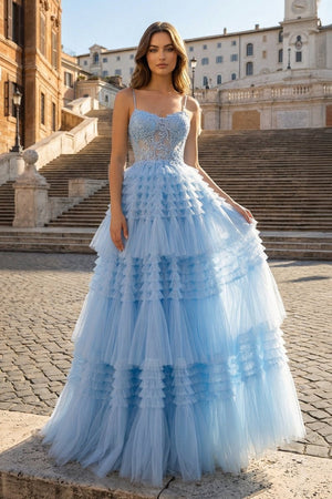 A - Line Spaghetti Straps Tulle Long Prom Dress - KissProm