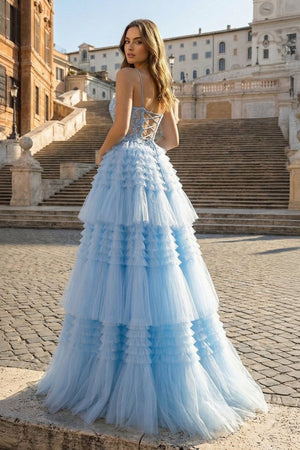 A - Line Spaghetti Straps Tulle Long Prom Dress - KissProm