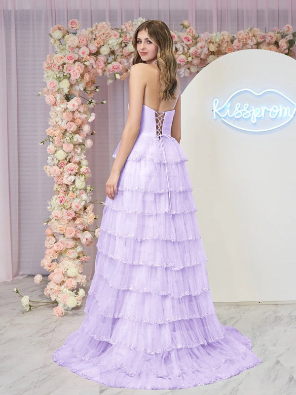 Braelyn | Light Blue Strapless Layered Tulle Prom Dress with Sequins