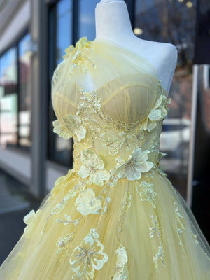 Light Yellow One Shoulder 3D Appliques Beading Long Prom Dress with Slit – Prom Dresses by KissProm | Available at KissProm