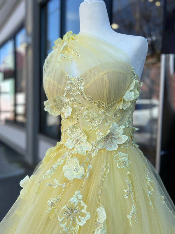 Light Yellow One Shoulder 3D Appliques Beading Long Prom Dress with Slit – Prom Dresses by KissProm | Available at KissProm