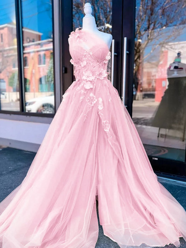 Light Yellow One Shoulder 3D Appliques Beading Long Prom Dress with Slit – Prom Dresses by KissProm | Available at KissProm