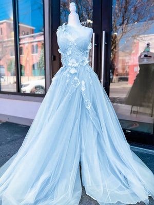 Light Yellow One Shoulder 3D Appliques Beading Long Prom Dress with Slit – Prom Dresses by KissProm | Available at KissProm