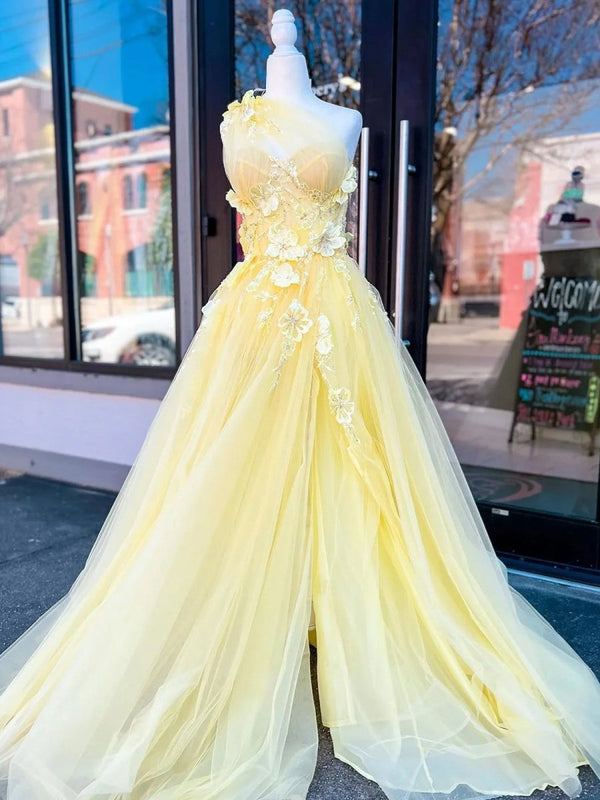 Light Yellow One Shoulder 3D Appliques Beading Long Prom Dress with Slit – Prom Dresses by KissProm | Available at KissProm