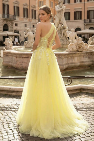 Light Yellow One Shoulder 3D Appliques Beading Long Prom Dress with Slit – Prom Dresses by KissProm | Available at KissProm