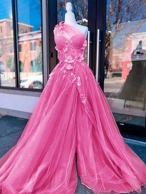 Light Yellow One Shoulder 3D Appliques Beading Long Prom Dress with Slit – Prom Dresses by KissProm | Available at KissProm
