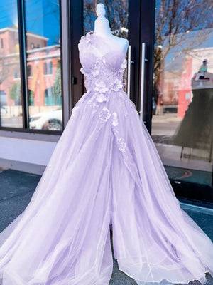 Light Yellow One Shoulder 3D Appliques Beading Long Prom Dress with Slit – Prom Dresses by KissProm | Available at KissProm
