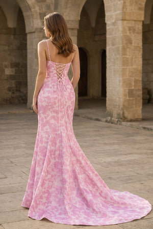 Spaghetti Straps Mermaid Floral Printed Prom Dress With Split - KissProm