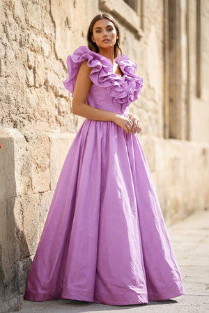 Red Ruffle V Neck Satin A - Line Long Prom Dresses - KissProm