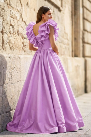 Red Ruffle V Neck Satin A - Line Long Prom Dresses - KissProm